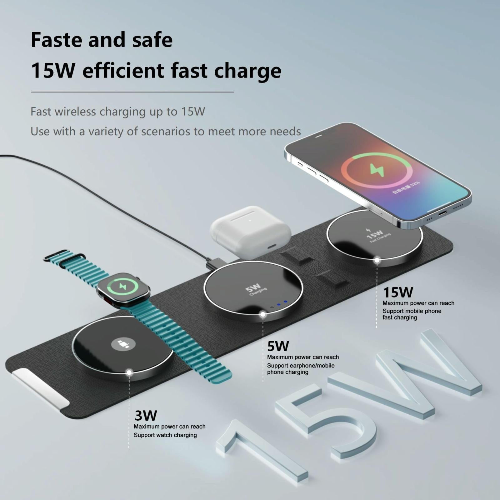 15W 3 In 1 Magnetic Wireless Charger - White 6