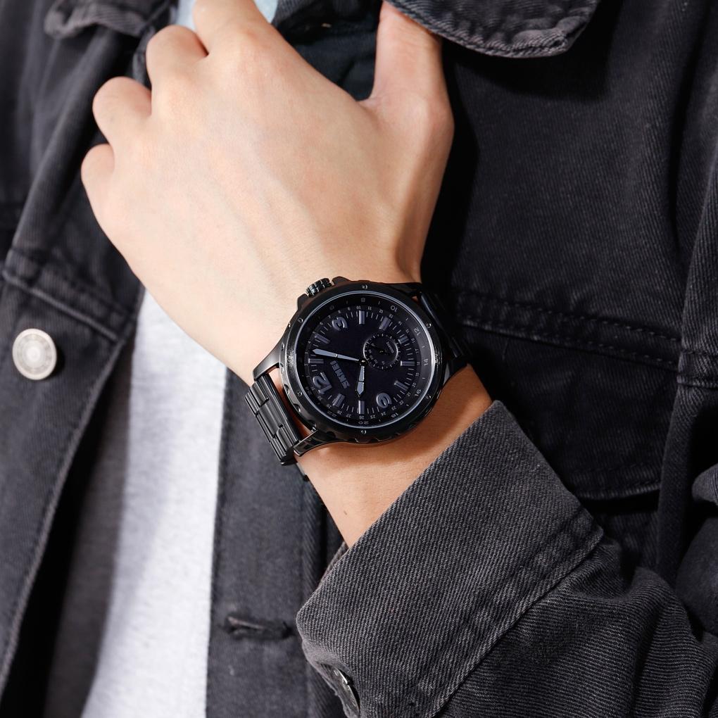 Stylish Waterproof Men Quartz Watch with Steel Band - Black 4