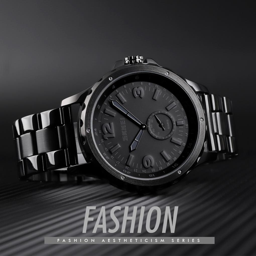 Stylish Waterproof Men Quartz Watch with Steel Band - Black 9