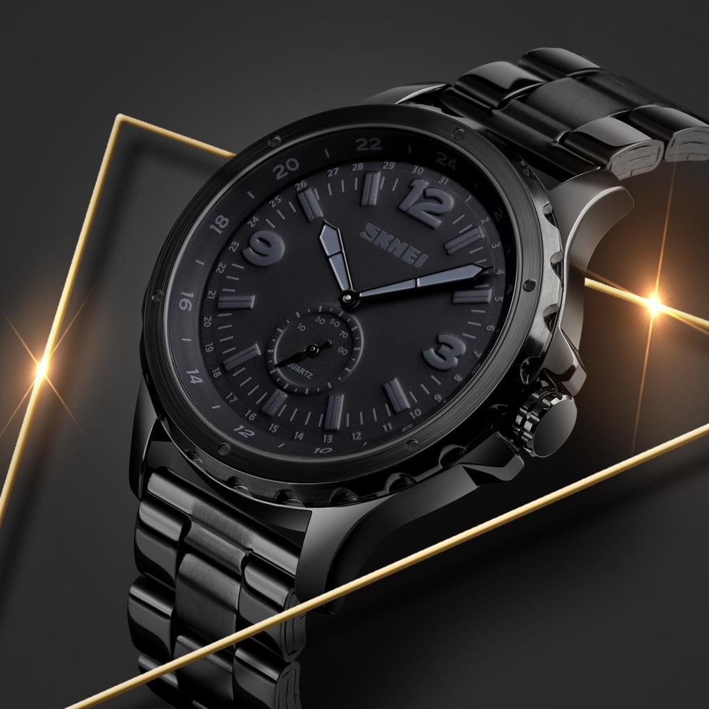 Stylish Waterproof Men Quartz Watch with Steel Band - Black 11
