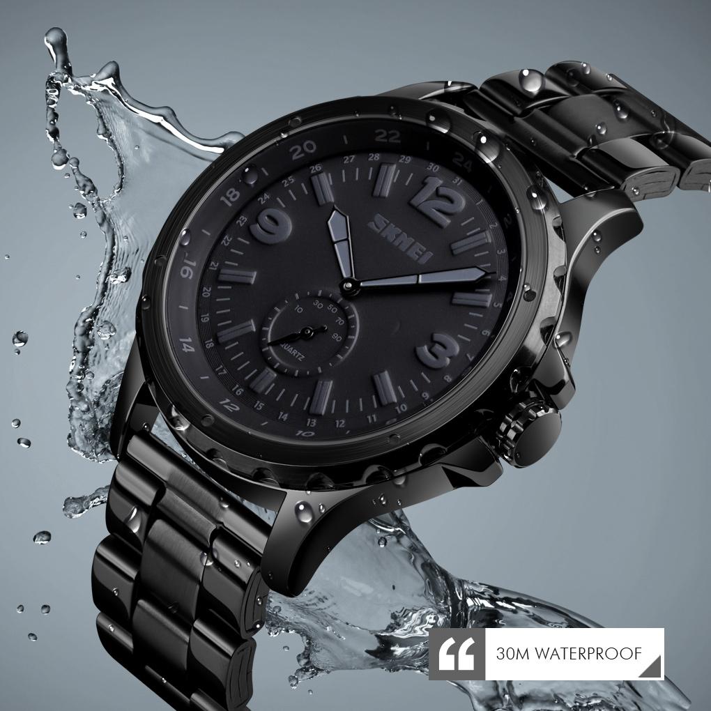 Stylish Waterproof Men Quartz Watch with Steel Band - Black 12