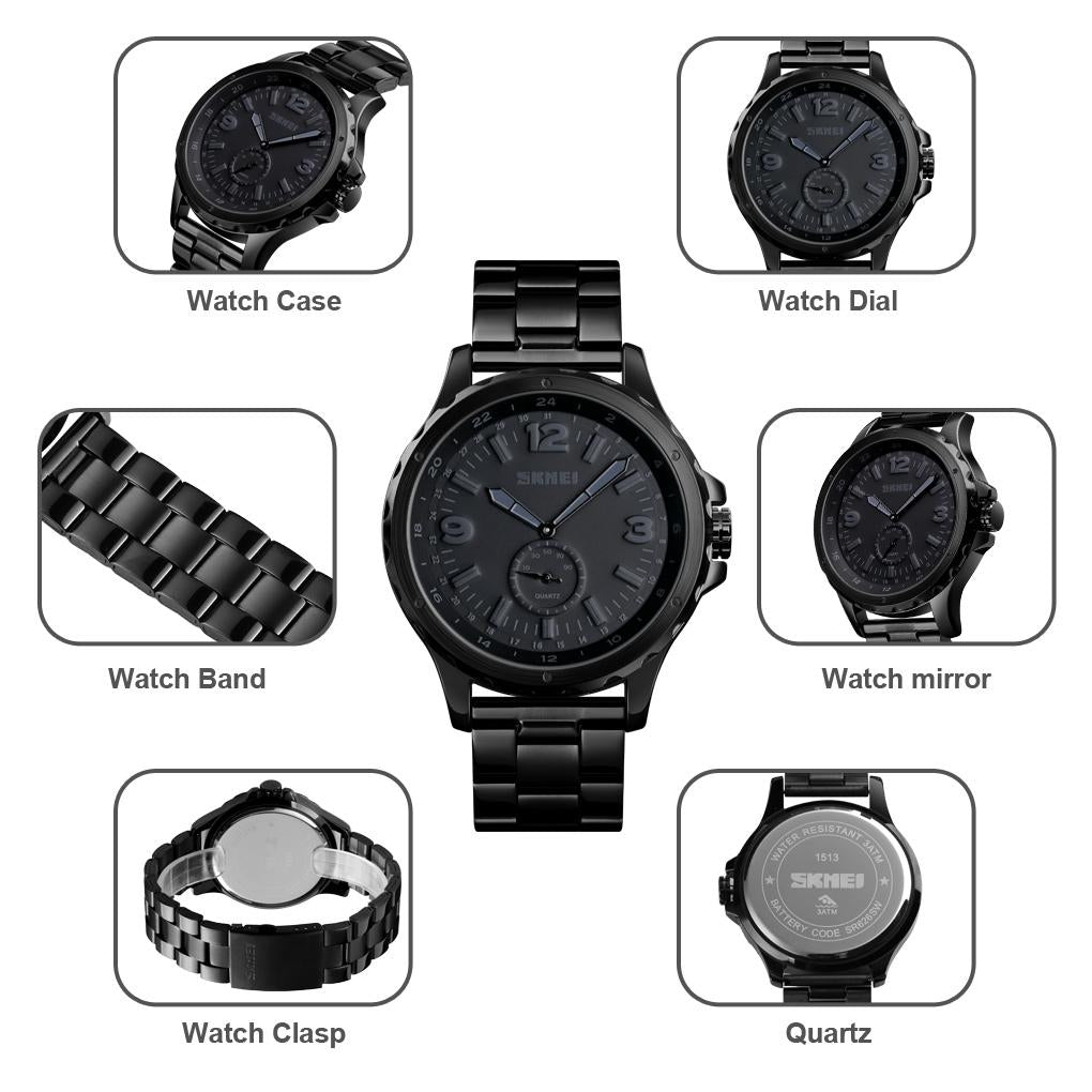 Stylish Waterproof Men Quartz Watch with Steel Band - Black 13