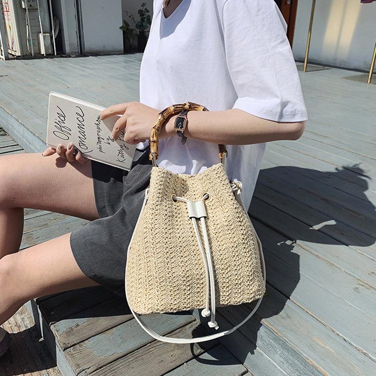 Handwoven Bamboo Bucket Bag - Shoulder / Messenger Style - White 8