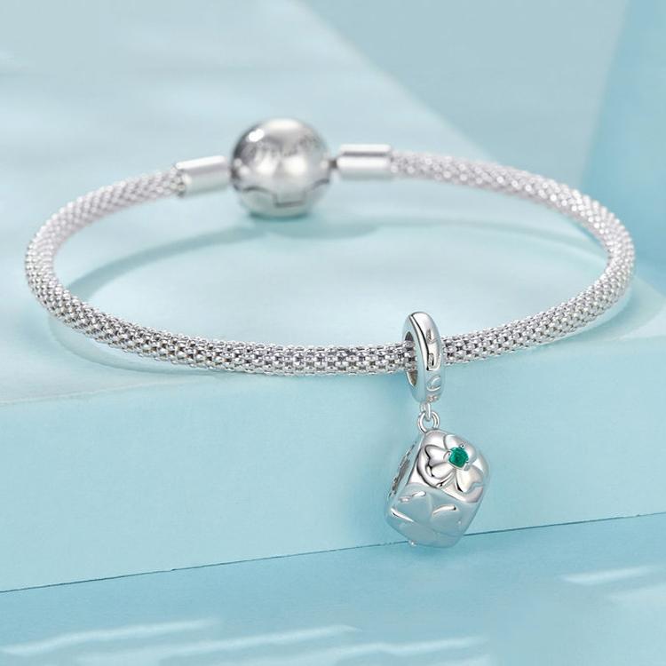 925 Sterling Silver Platinum Plated Lucky Clover Dice Bracelet 6