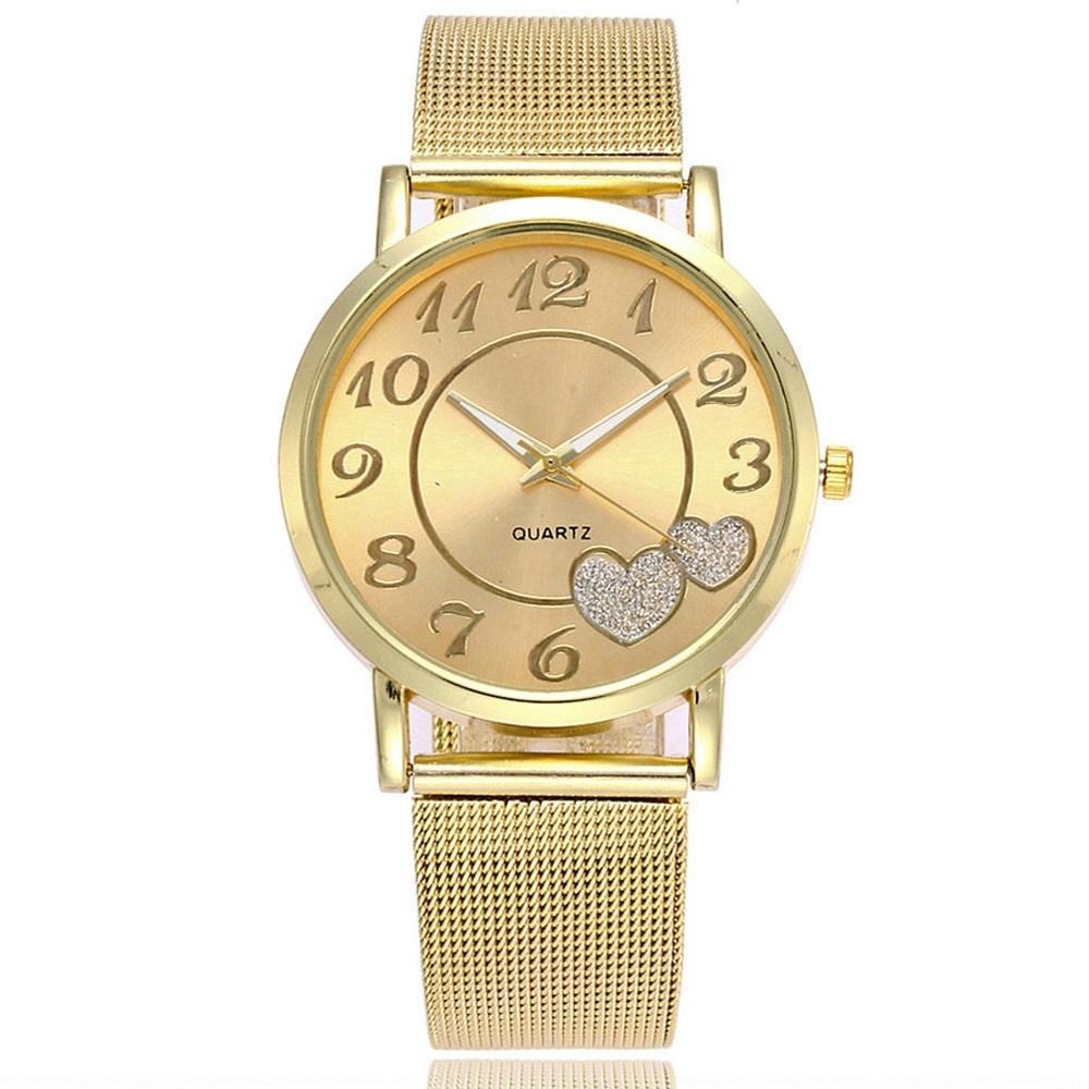 Women Double Heart Mesh Belt Watch - Golden Alloy
