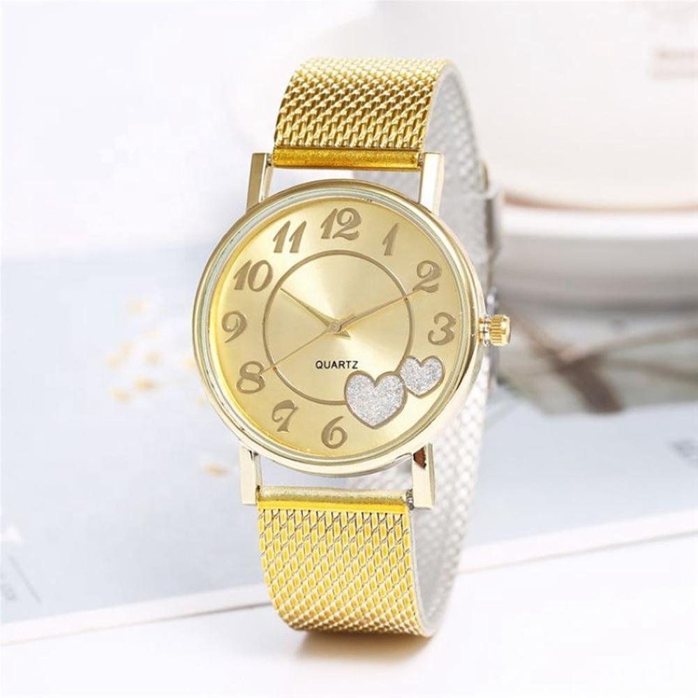 Women Double Heart Mesh Belt Watch - Golden Alloy 3