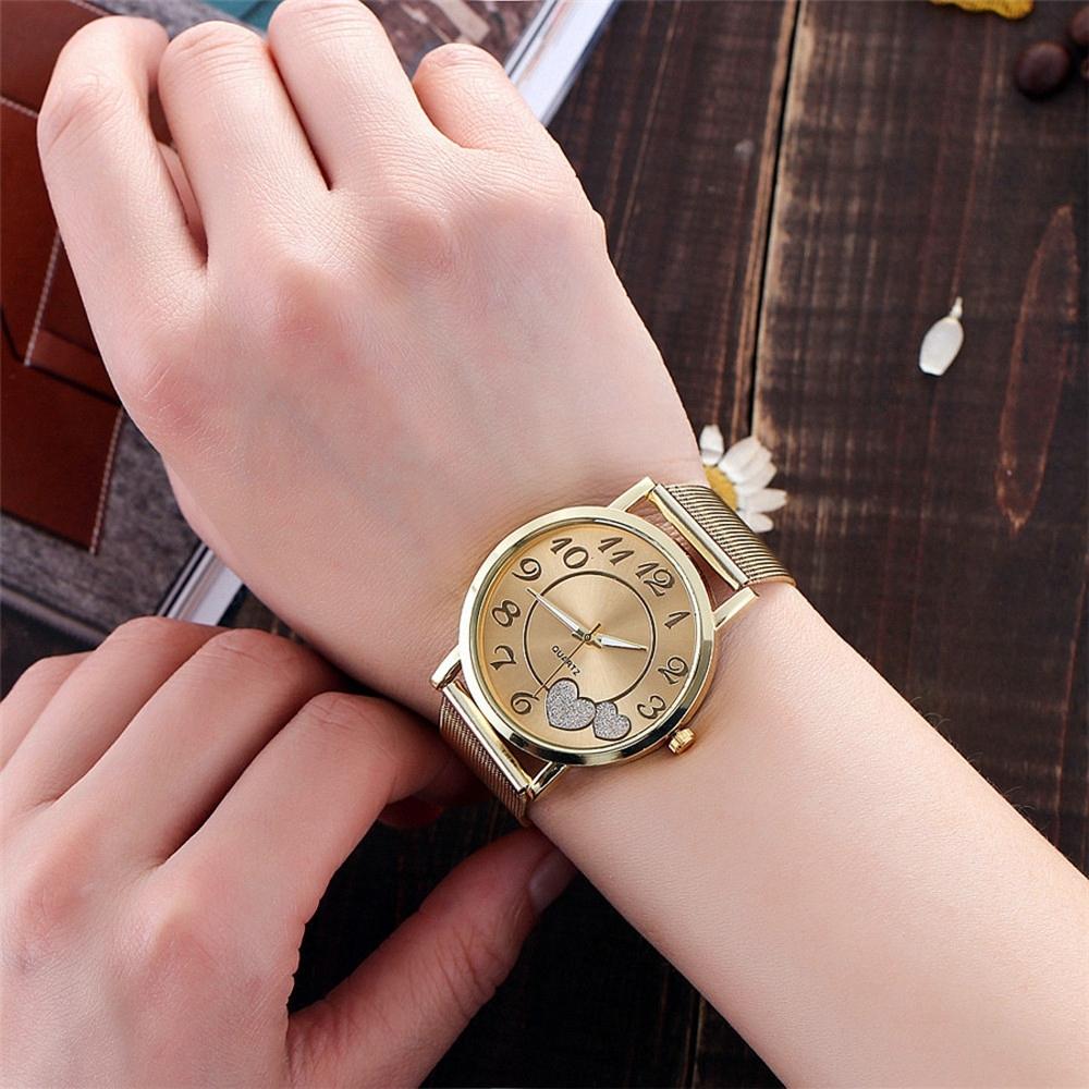 Women Double Heart Mesh Belt Watch - Golden Alloy 6