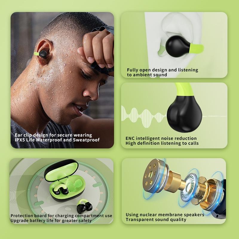 Wireless Clip-on Earphones with Charging Case - Black + Green 7