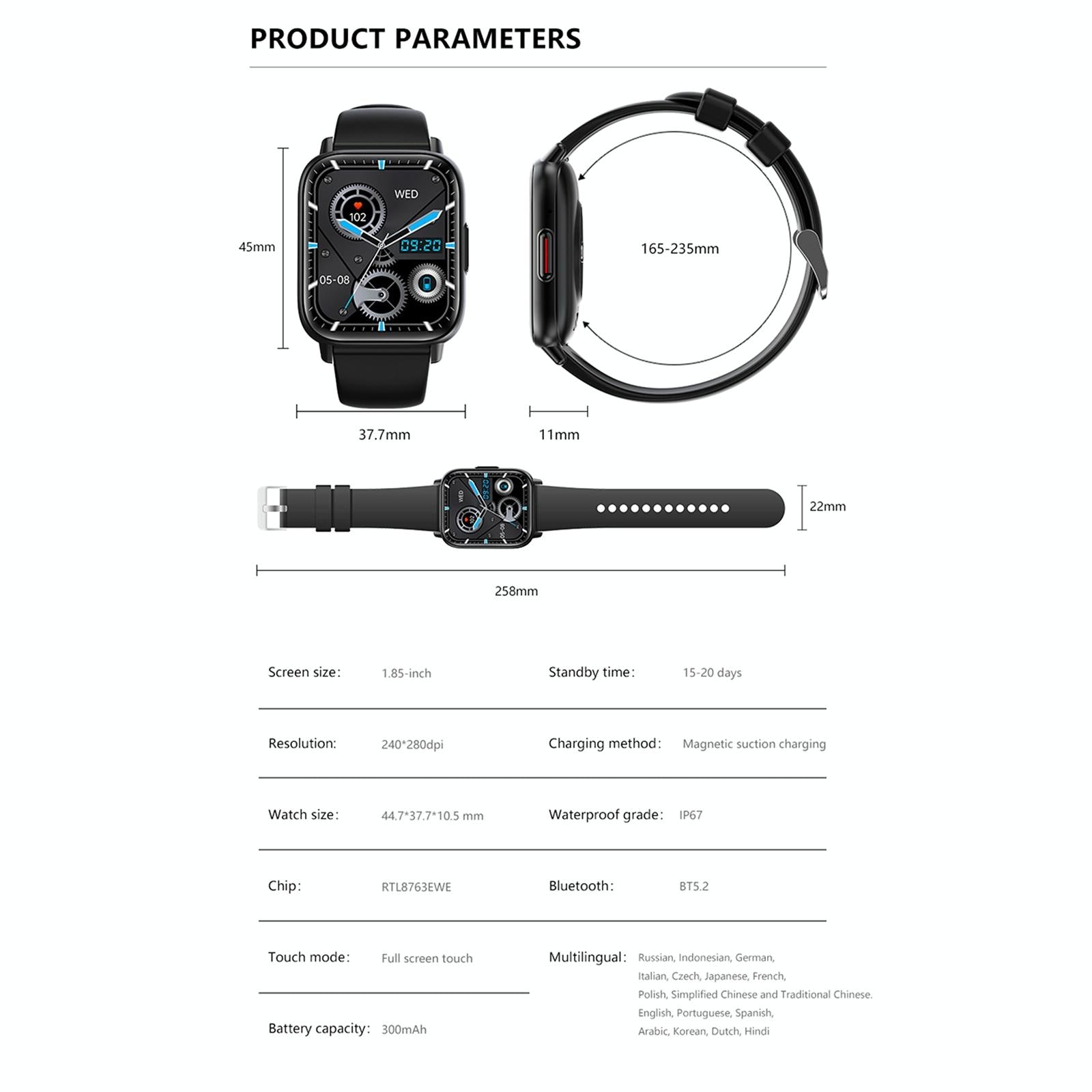 1.83 Inch Bt5.2 Smart Sport Watch Support Sleep / Heart Rate / Blood Oxygen / Temperature / Heart Sugar / Blood Pressure Health Monitor - Black 3