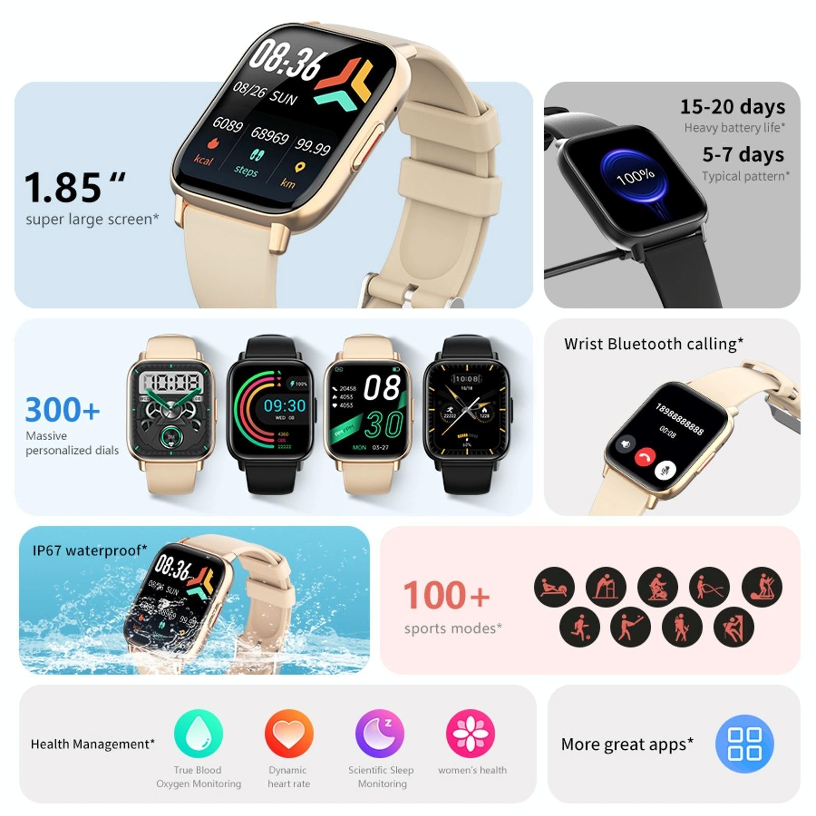 1.83 Inch Bt5.2 Smart Sport Watch Support Sleep / Heart Rate / Blood Oxygen / Temperature / Heart Sugar / Blood Pressure Health Monitor - Black 9