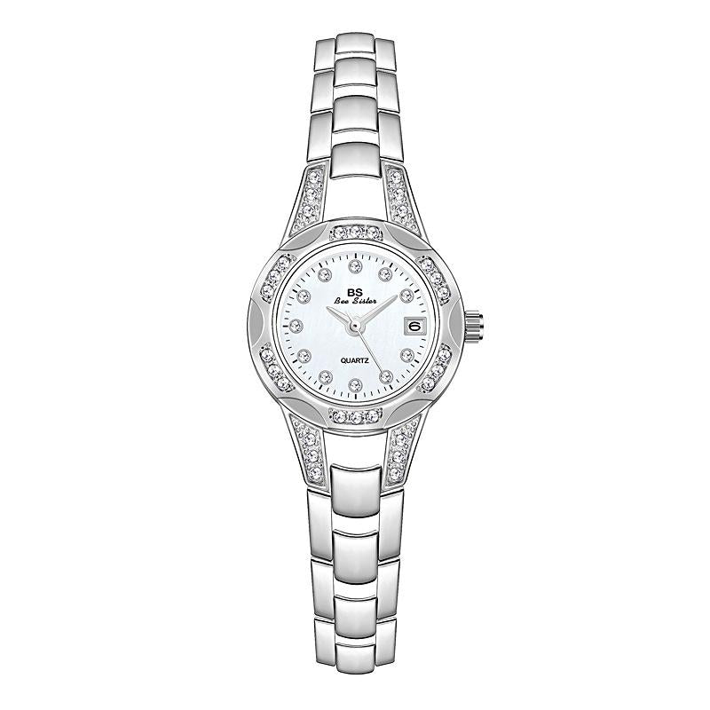 Women Diamond Chain Watch with Calendar - Small Round Design - Silver