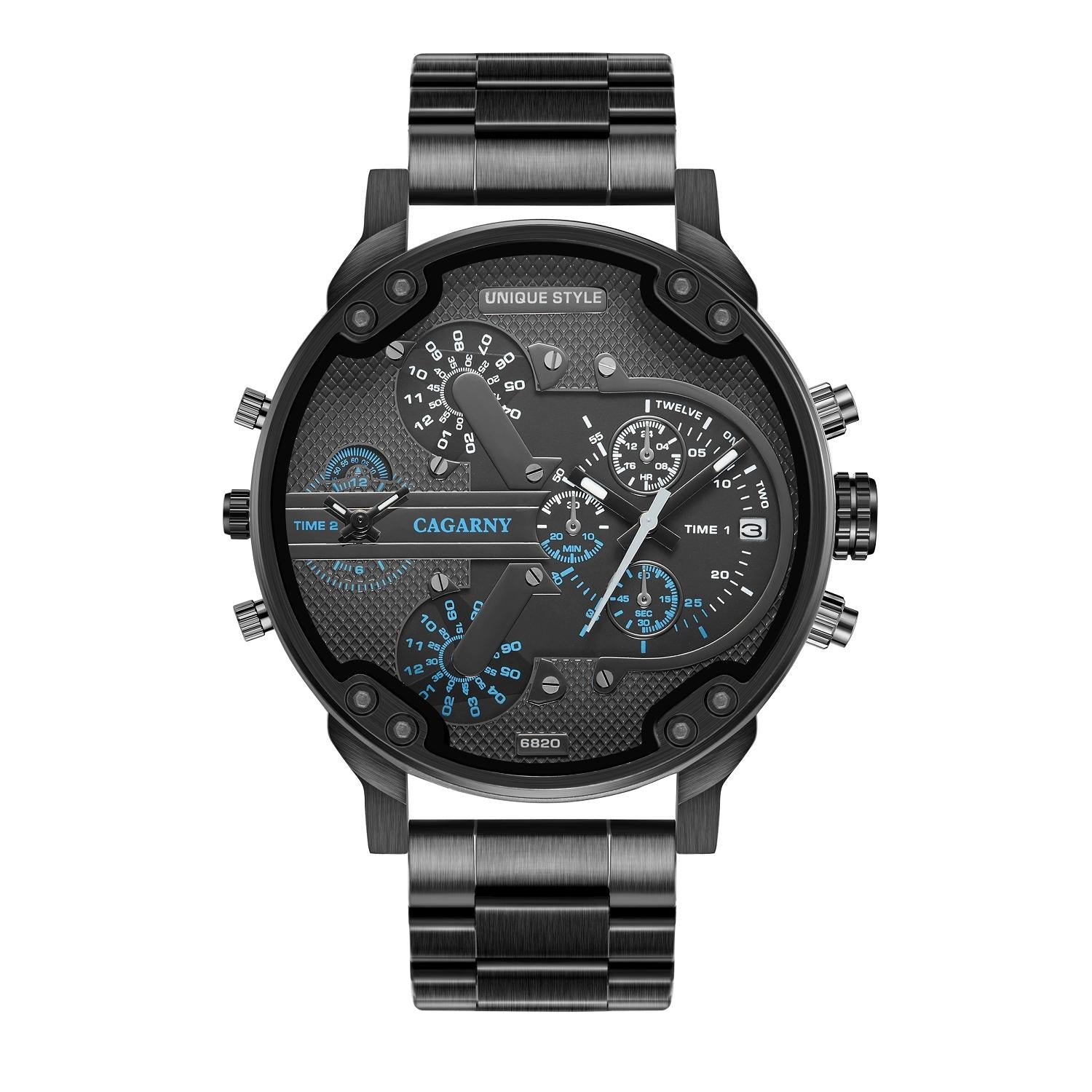 Men Dual Movement Steel Quartz Watch with Blue Face and Black Strap