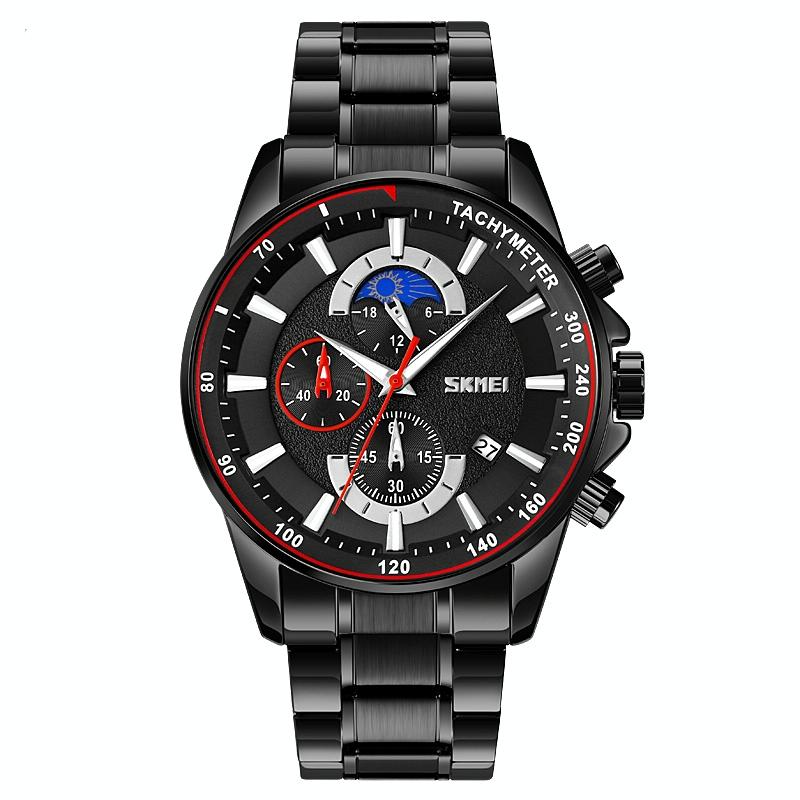 Stainless Steel Men Moonphase Watch with Date - Gold Blue