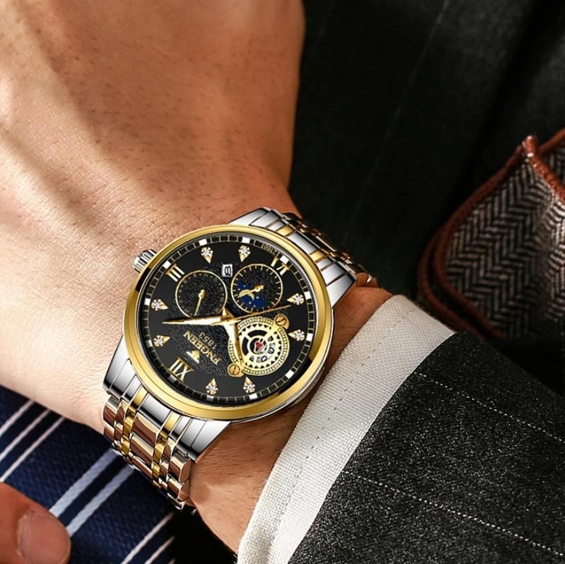 Men Three-eye Hollow Quartz Sports Watch - Black Steel Black Surface Gold Nails 8