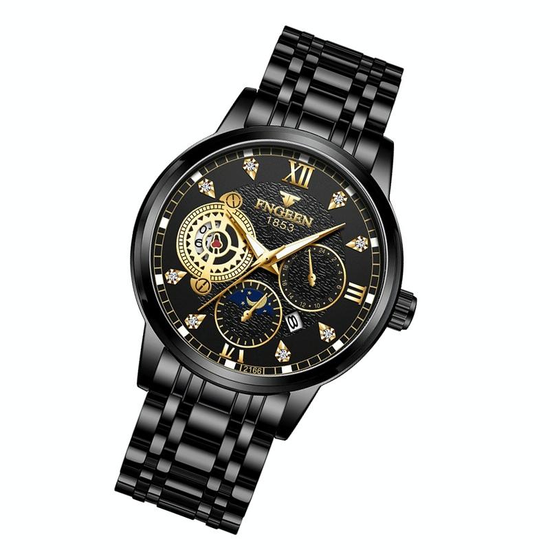 Men Three-eye Hollow Quartz Sports Watch - Black Steel Black Surface Gold Nails 14