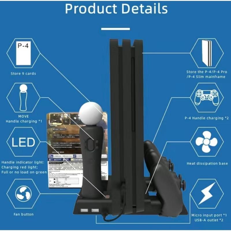 Multi-Function Dual-Seat Cooling Base For Ps4 / Ps4 Pro / Ps4 Slim With Charging And Storage - Black 12