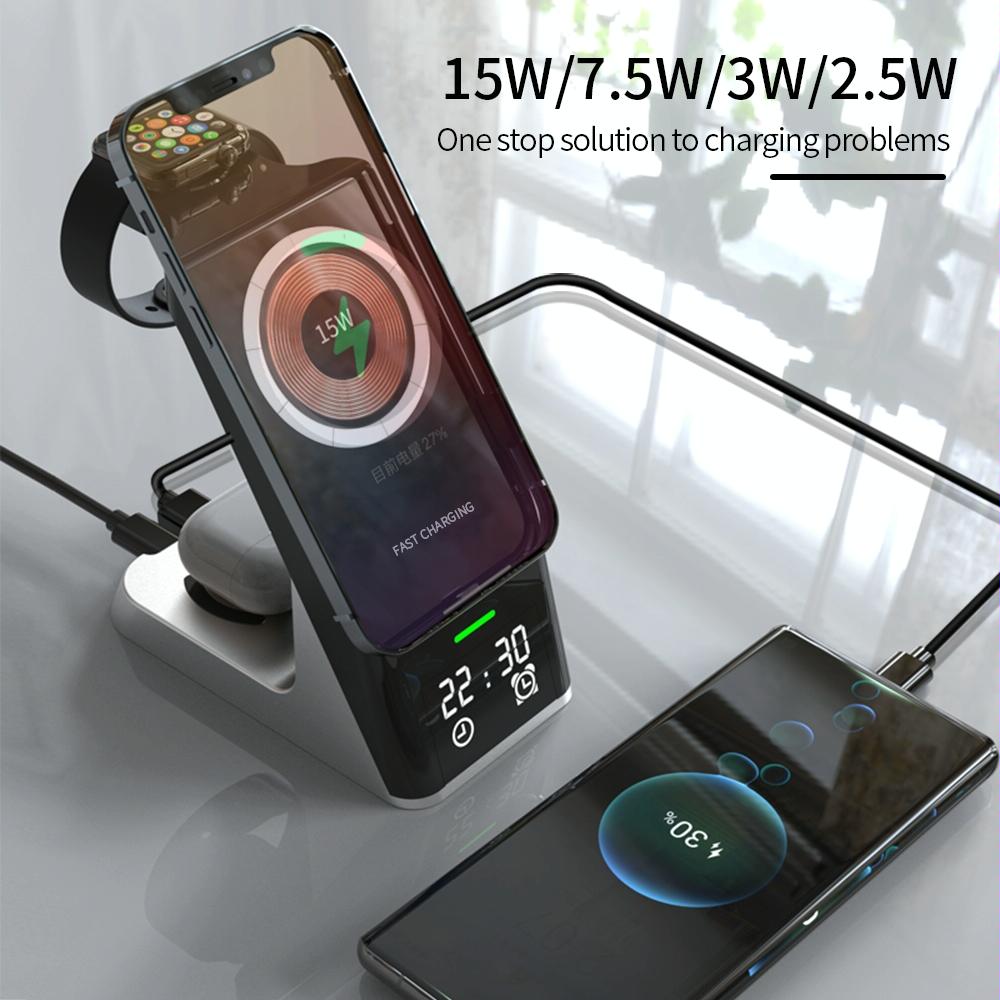 15W 6 In 1 Magnetic Wireless Charger With Clock For Iwatch / Airpods 3