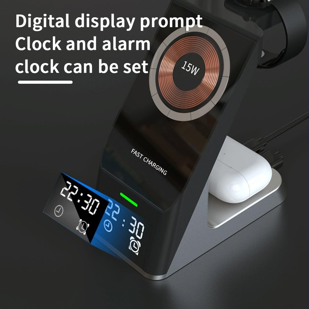 15W 6 In 1 Magnetic Wireless Charger With Clock For Iwatch / Airpods 4