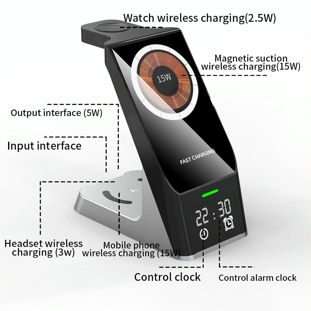 15W 6 In 1 Magnetic Wireless Charger With Clock For Iwatch / Airpods 7