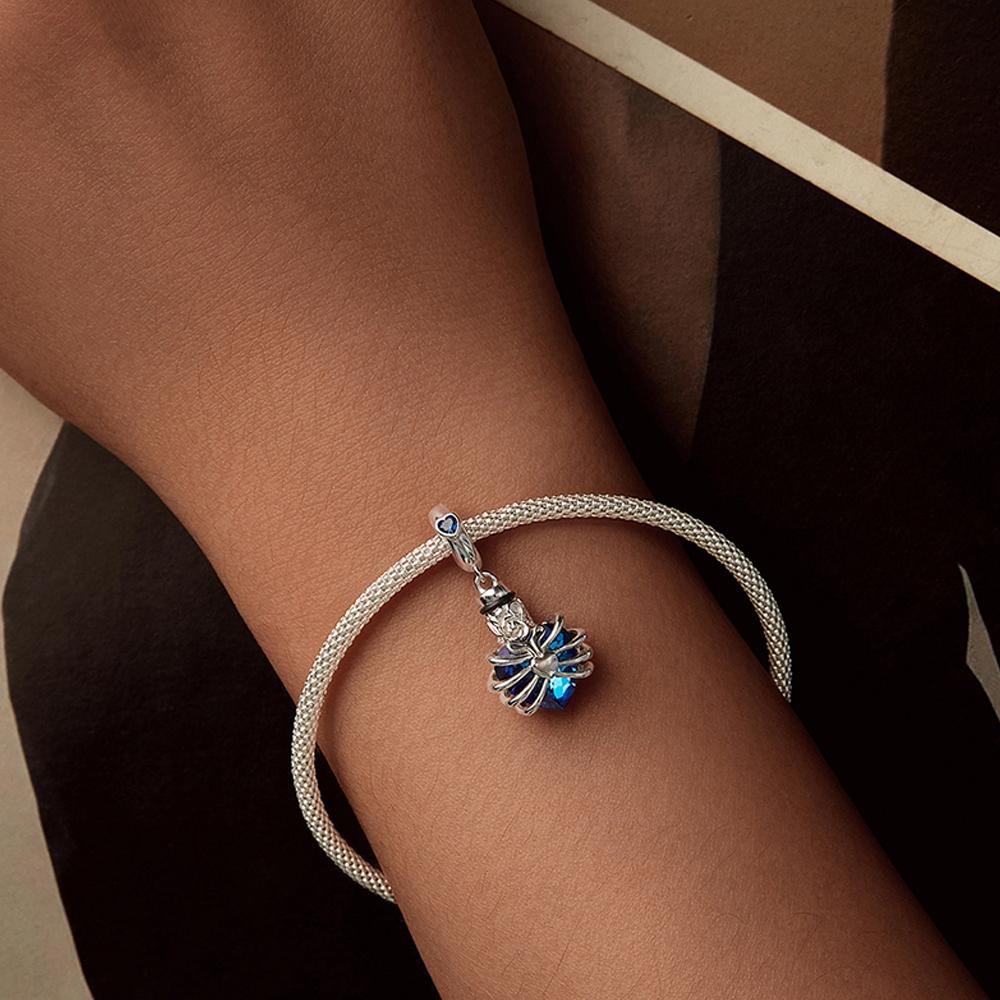 925 Sterling Silver Heart Pendant With Beaded Detail - Blue 8