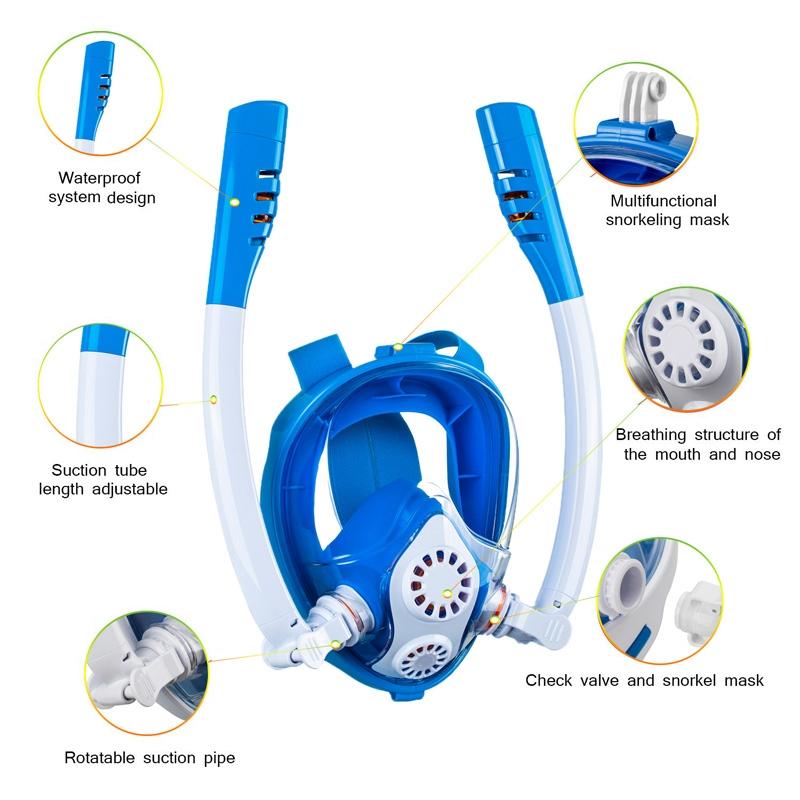 Full Dry Silicone Kids Diving Mask with Double Tubes - White Blue 6