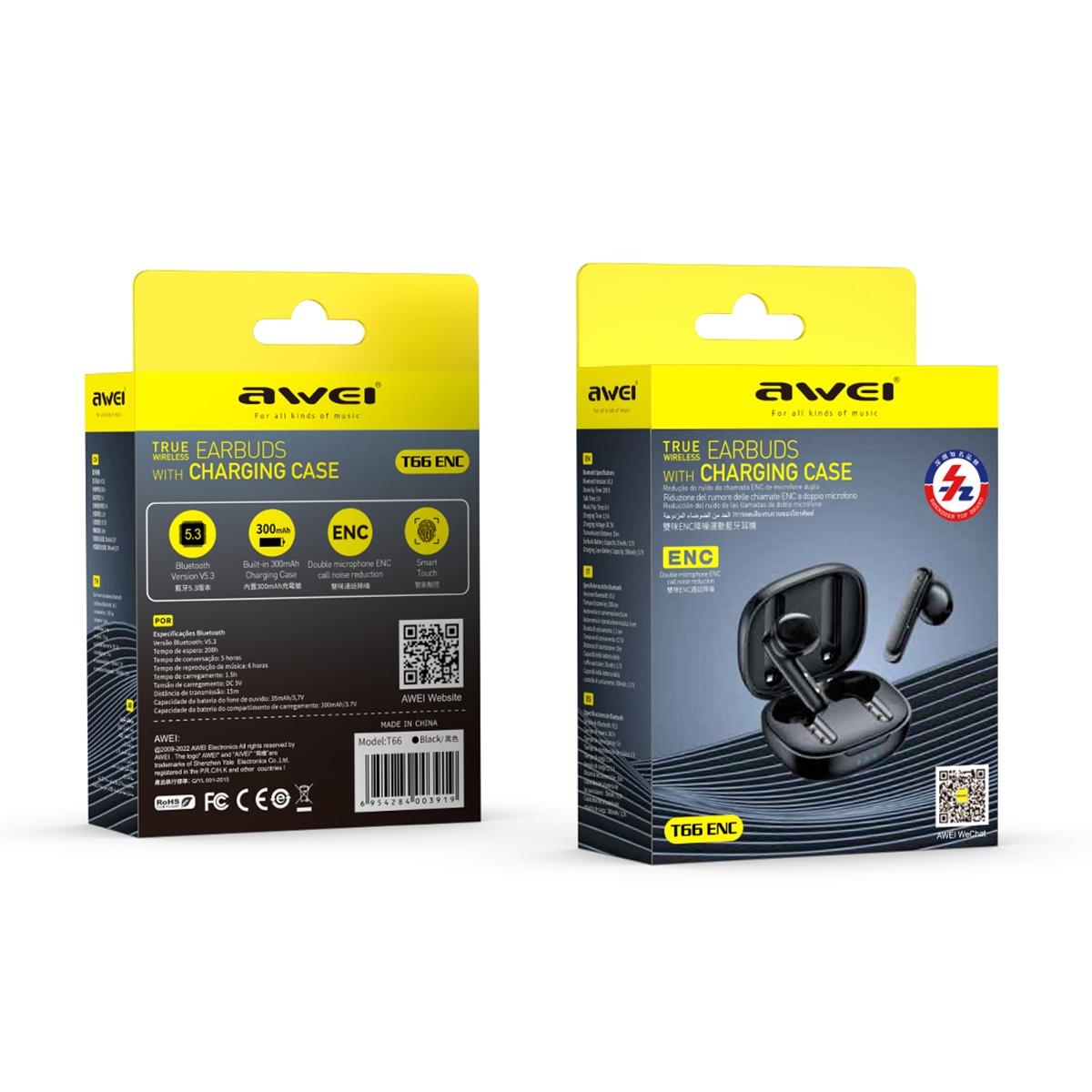 Wireless Noise-cancelling Earbuds - T66 - Black 6