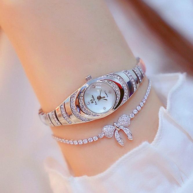 Oval Chain Watch with Diamonds for Women - Silver