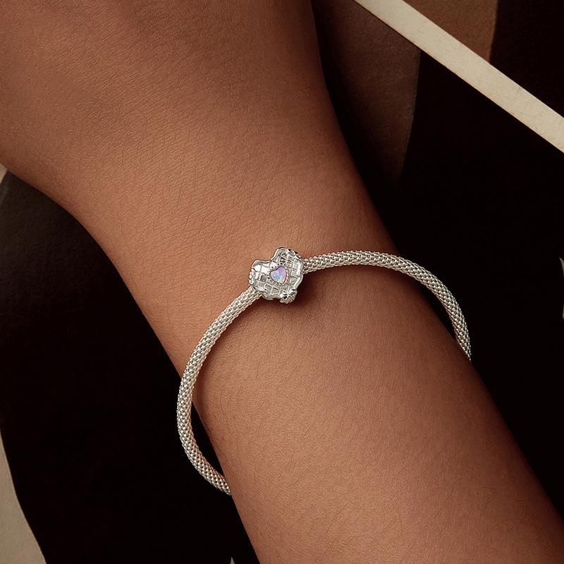 925 Sterling Silver Platinum Plated Heart Shaped Beads Bracelet 7