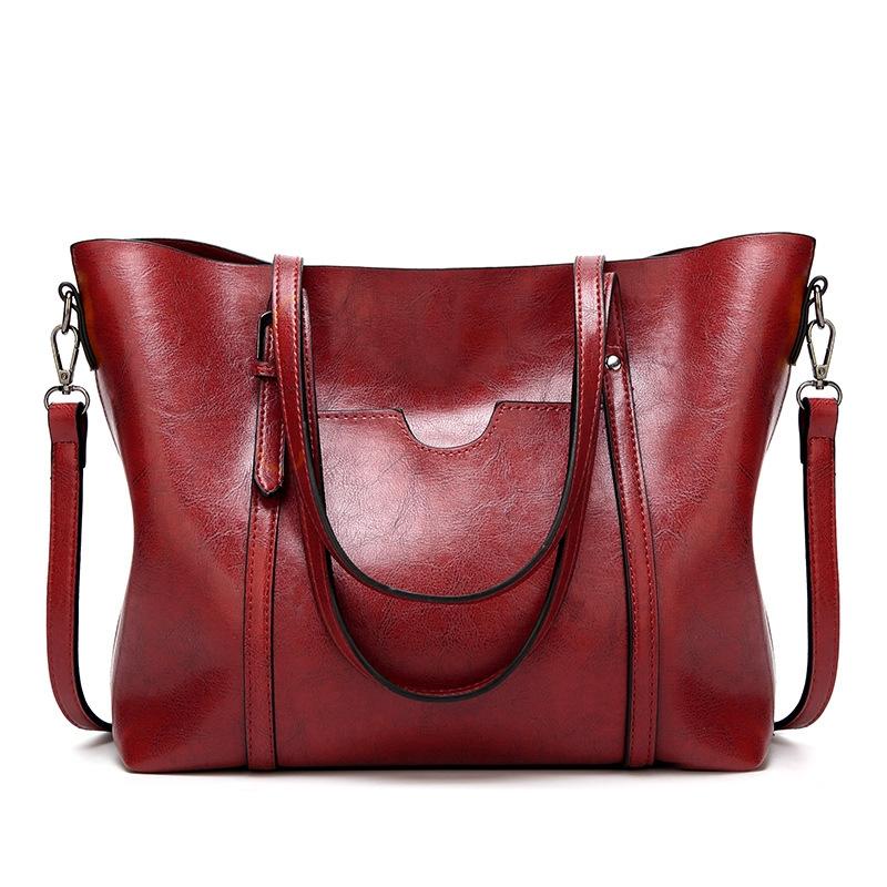 Stylish All-match Leather Handbag - Wax Finish - Wine Red