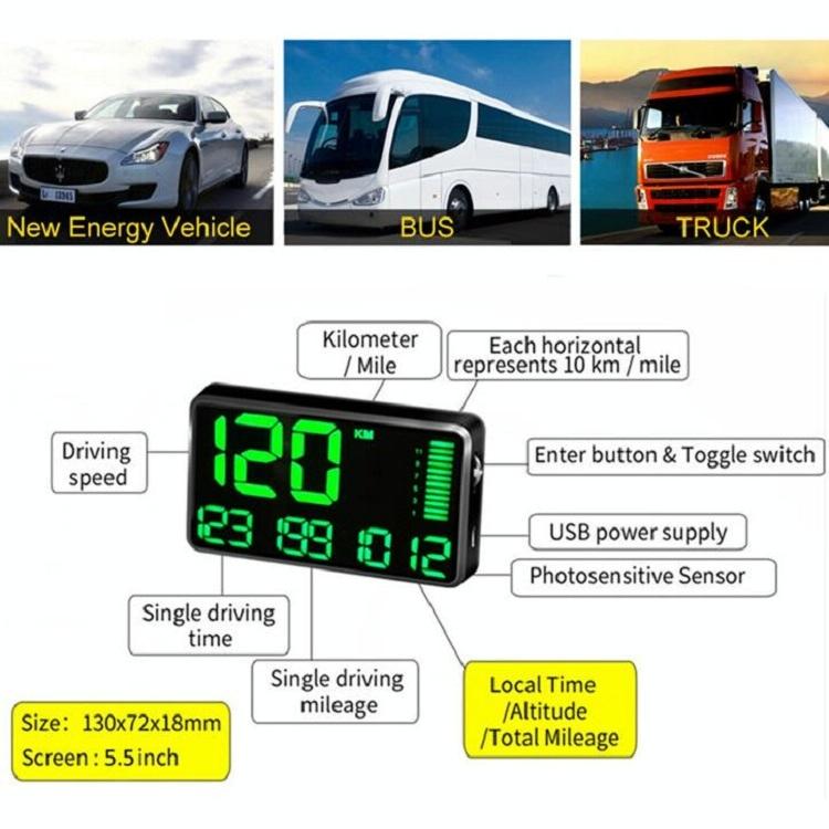 Universal 5.5 Inch Hud Car Head Up Display Gps Speed Meter & Alarm 4