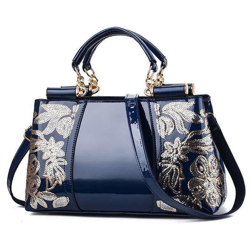 Shiny Leather Handbag with Single-sided Embroidery - Red 11