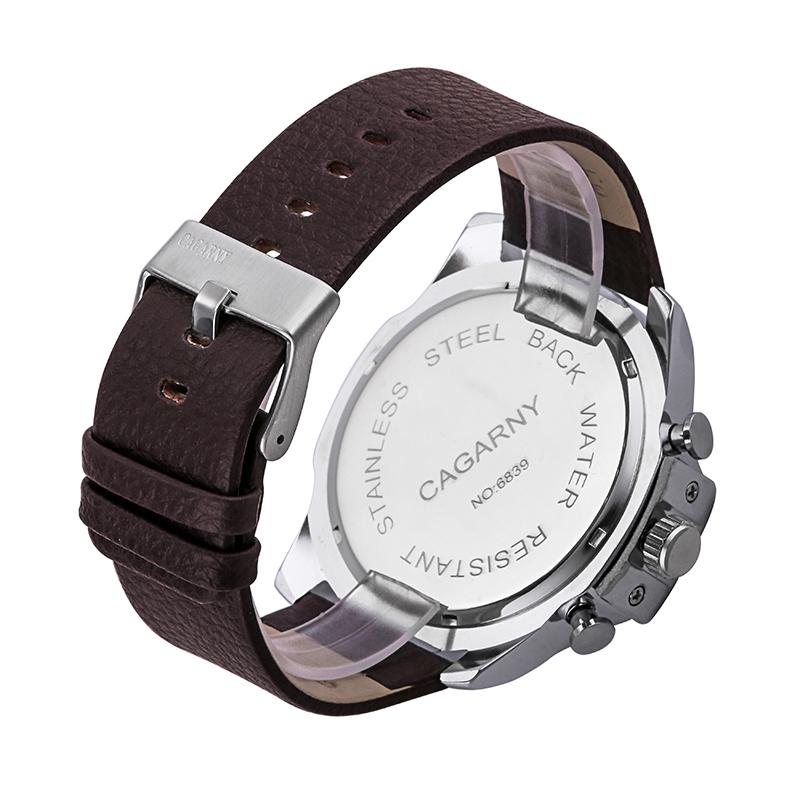 Men Leather Band Sports Watch with Large Dial - Silver White Brown 4