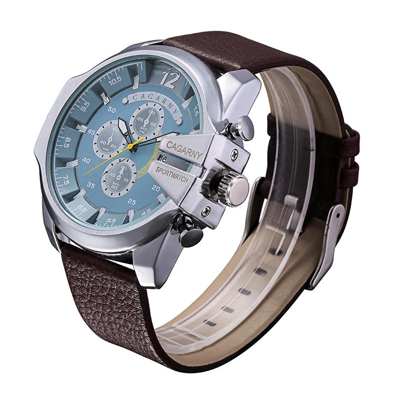 Men Leather Band Sports Watch with Large Dial - Silver White Brown 7