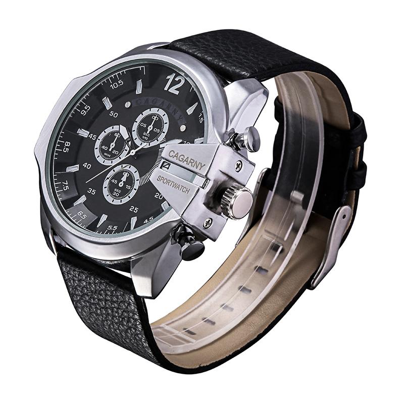 Men Leather Band Sports Watch with Large Dial - Silver White Brown 11