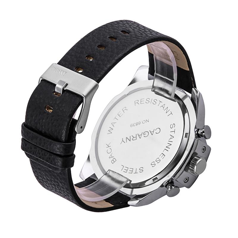 Men Leather Band Sports Watch with Large Dial - Silver White Brown 12