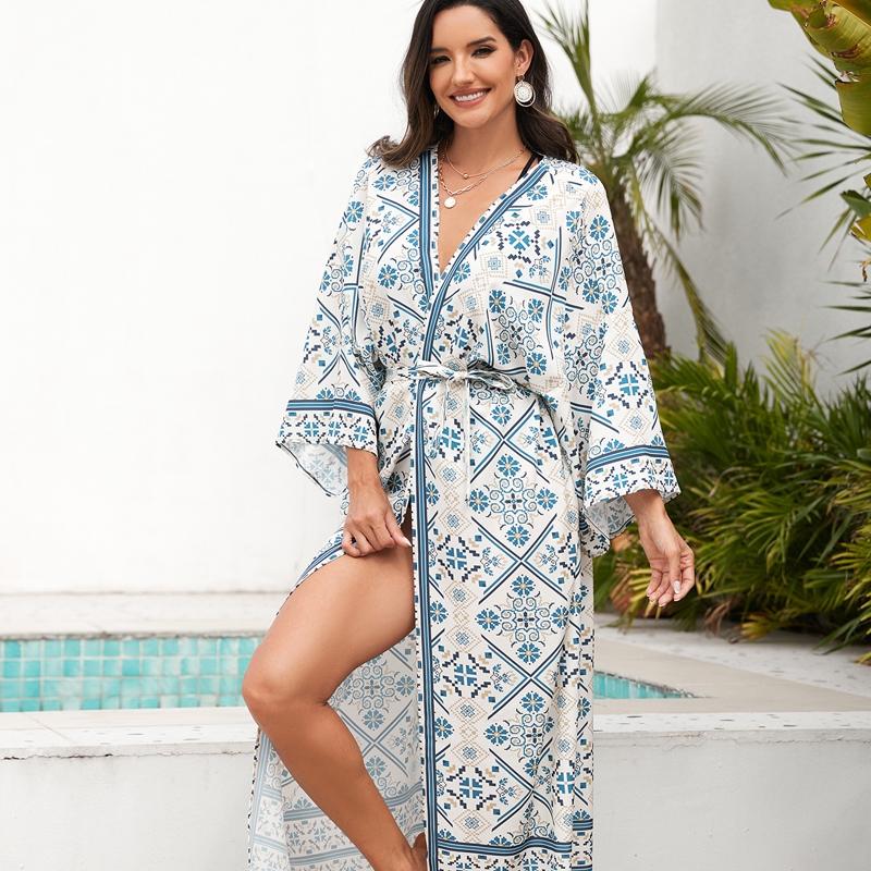 Ladies Beach Vacation Printed Shawl Bikini Sun Protection Cardigan Blouse - Size One Size - Blue 6