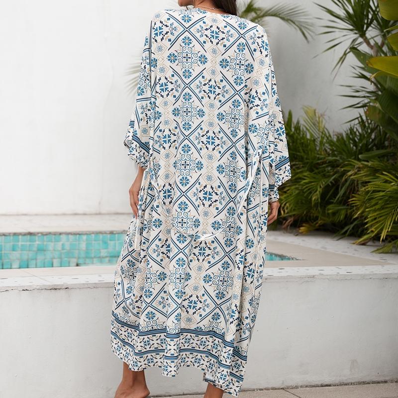 Ladies Beach Vacation Printed Shawl Bikini Sun Protection Cardigan Blouse - Size One Size - Blue 7