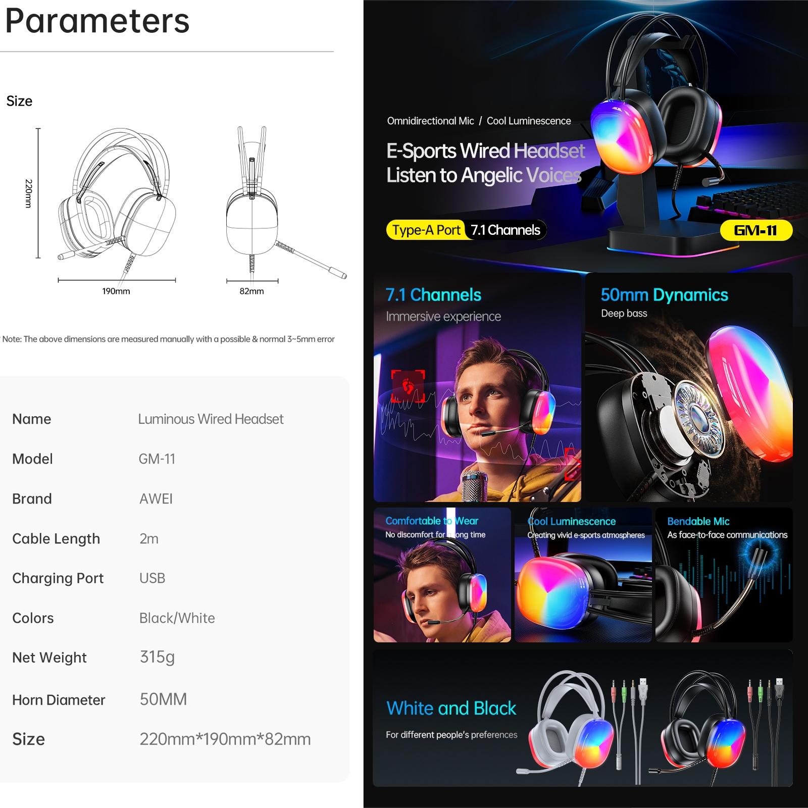 2M Luminous Wired Headphones Awei Gm-11 - Black 4