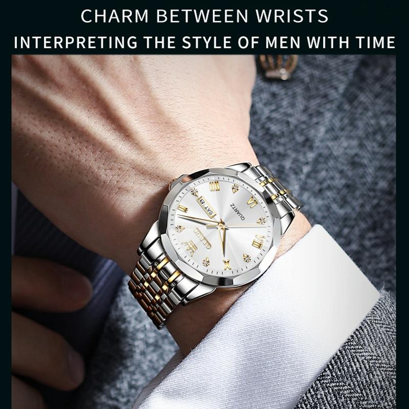Waterproof Quartz Watch for Men with Luminous Dial - White + Gold 7