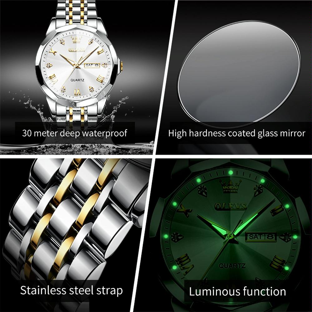 Waterproof Quartz Watch for Men with Luminous Dial - White + Gold 8