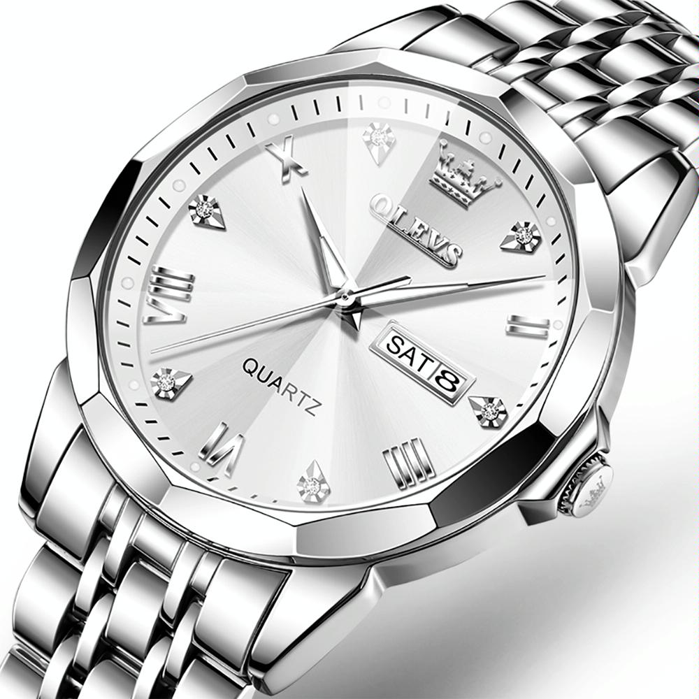 Waterproof Quartz Watch for Men with Luminous Dial - White + Gold 10
