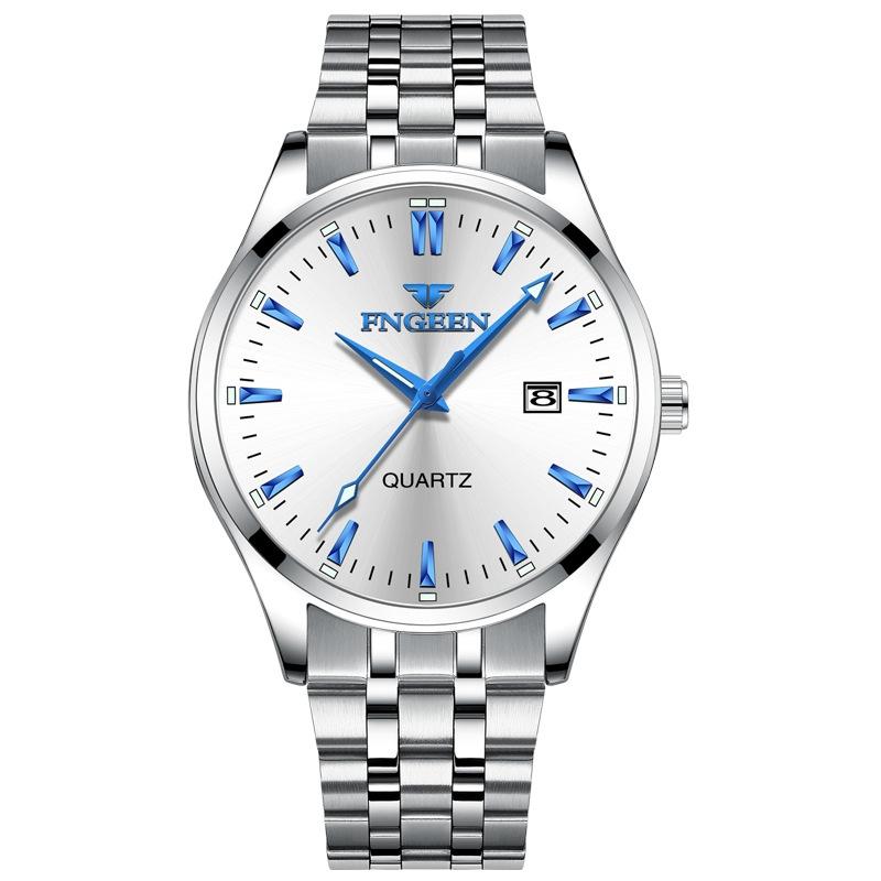 Simple Luminous Quartz Watch for Men with Calendar - White Steel White Surface
