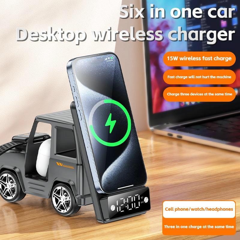 6 In 1 Car Shape Speaker With Clock & Wireless Charger - Grey 5