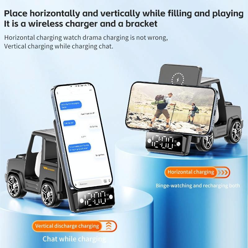 6 In 1 Car Shape Speaker With Clock & Wireless Charger - Grey 7