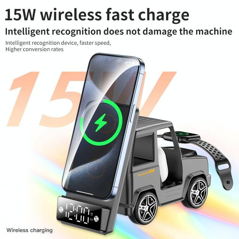 6 In 1 Car Shape Speaker With Clock & Wireless Charger - Grey 8