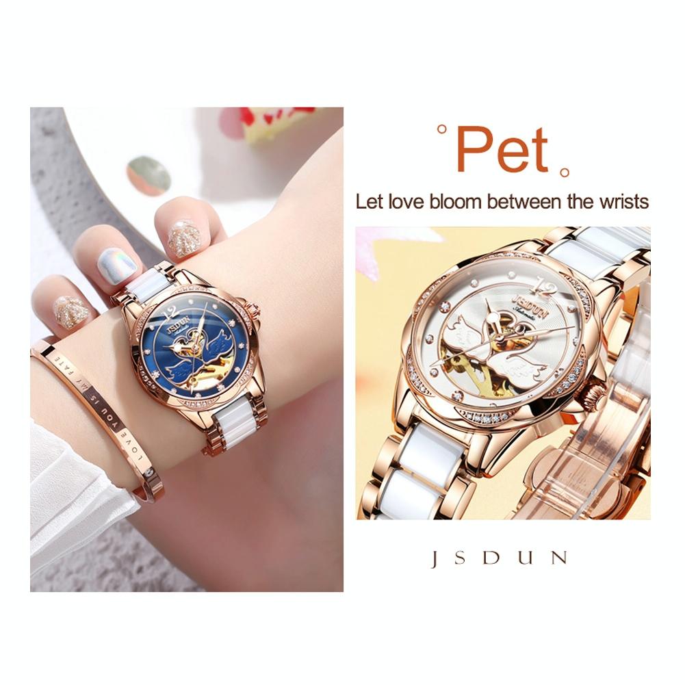 Stylish Waterproof Ceramic Mechanical Watch for Women with Diamond Accents - Blue 13