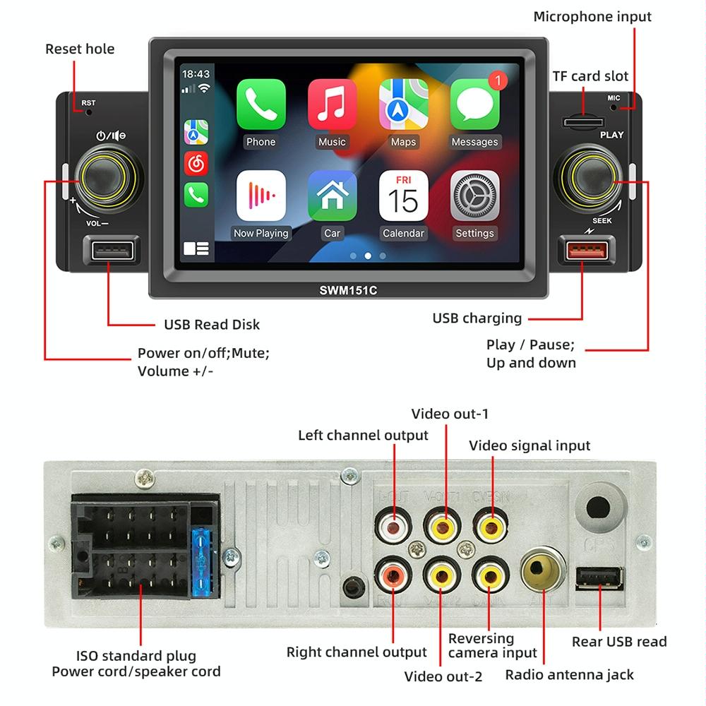 5 Inch Car Mp5 Inch Player With Carplay / Android Auto - Black 5