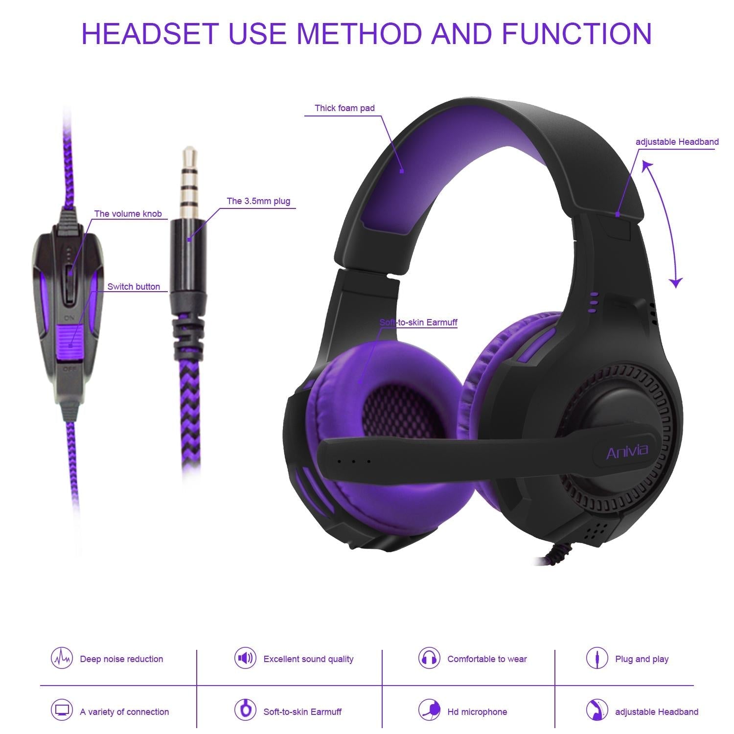3.5Mm Wired Gaming Headset With Mic Black / Purple 3