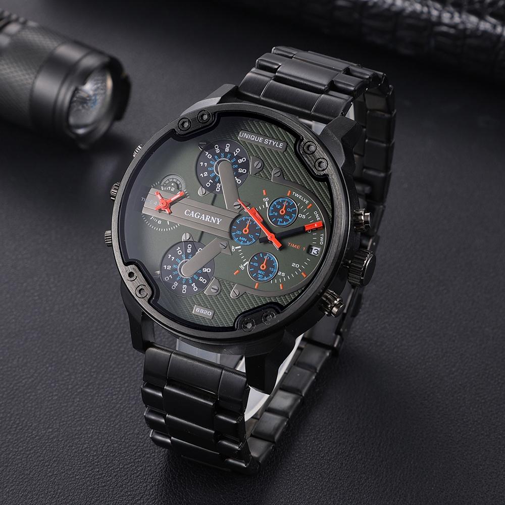 Men Dual Movement Steel Quartz Watch with Green Face and Black Strap