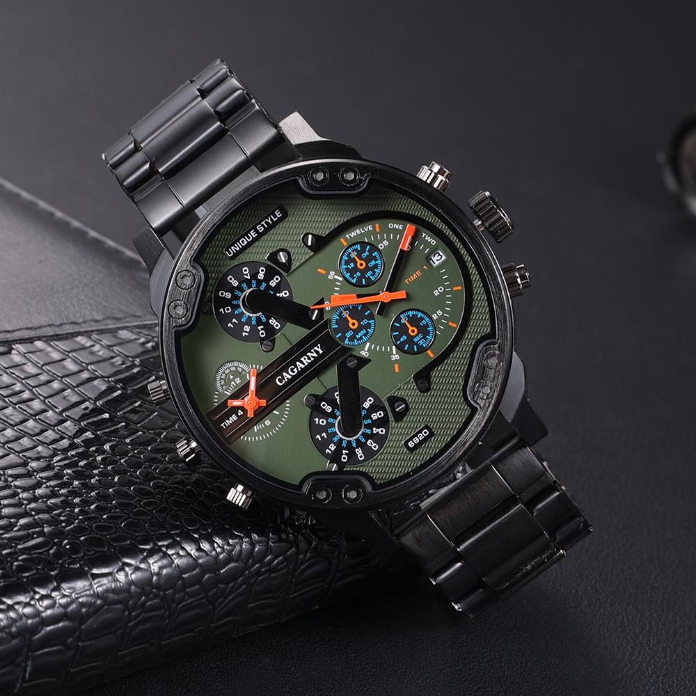 Men Dual Movement Steel Quartz Watch with Green Face and Black Strap 3